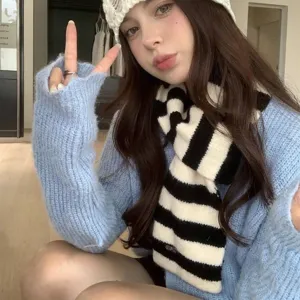 Korean style black and white striped knit cross scarf neck warmer for winter women