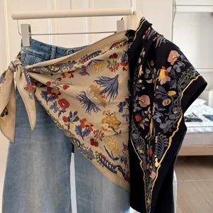 Vintage Floral Printed Satin Triangle Scarf For Women Chic Retro Flower Pattern Neck Head Scarf Waist Band Decoration Accessory