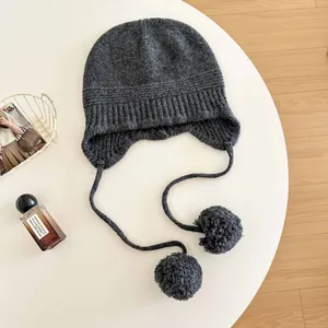 Soft 100% wool knit balaclava beanie with pom-poms and ear flaps for winter