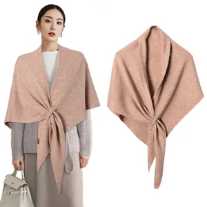 Elegant wool blend cross-knit shawl poncho for women in a warm beige neutral tone.