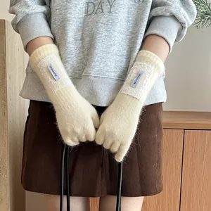 Women's Korean Style Ins Knitted Rabbit Fur Gloves Lace Trim Long Fingered Winter Warm Riding Commuting Five Finger Gloves