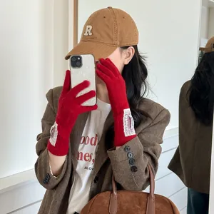 Red lace knit gloves for women, stylish winter warm knitted long fingered gloves