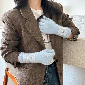 Elegant light blue lace knitted full finger gloves for women's winter warmth and style