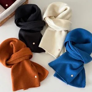 100% Pure Wool Knitted Scarf For Women Vintage Soft Warm Winter Scarf Simple Solid Color Neck Warmer Elegant Long Scarf With Metal Logo