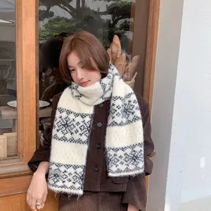 Retro Korean Knitted Scarf Snowflake Jacquard Scarf For Women Winter Warm Windproof Soft Woolen Yarn Neck Warmer Handmade Style Gift