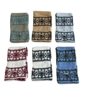 Six retro snowflake jacquard knitted scarves in various colors on white background