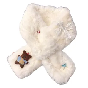 Cute cream white faux fur scarf for women with plush bear patch and lace bow detail