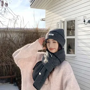 Set invernale berretto e sciarpa in maglia grigia da donna completo caldo per neve