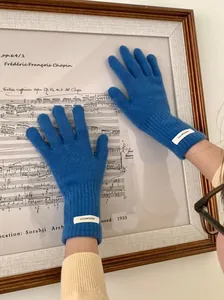 Soft blue 100% merino wool knitted touch screen gloves for women winter warmth detail