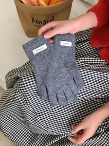 Detailed macro view of 100% wool grey knitted gloves featuring a white fabric label