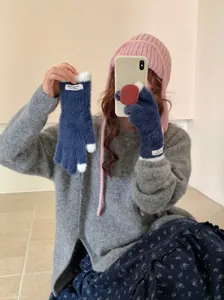 Soft navy blue fuzzy coral fleece gloves with white touchscreen tips for autumn winter