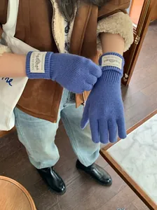 Blue winter knitted gloves with touch screen feature, shown in a lifestyle indoor setting.