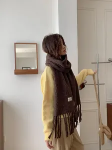 Elegant brown wool blend scarf with tassels shown on a model in a cozy indoor setting