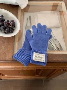 Cozy blue knit gloves with brand tag detail displayed on a rustic wooden table.
