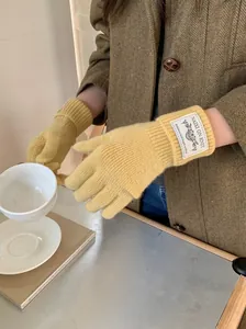 Detail of yellow knitted winter gloves with vintage label and cozy wool coat texture