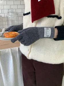 Détail des gants en laine tricotée vintage gris dans un cadre de vie chaleureux