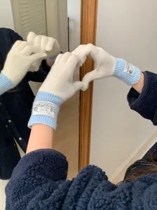 Gros plan détaillé de gants en laine bicolores avec étiquette en forme de cœur