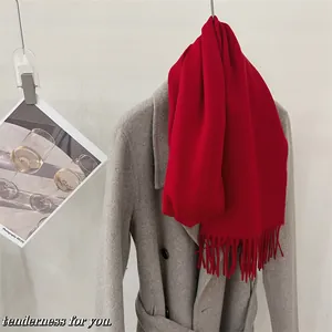 Vue détaillée d'une écharpe en laine rouge vif avec des franges sur un manteau gris