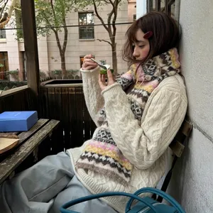 Vintage Fair Isle Gebreide Sjaal Alpacagevoel Winter Warm Jacquard Sjaal met Franjes Zacht Koreaanse Stijl Nekwarmer Dames