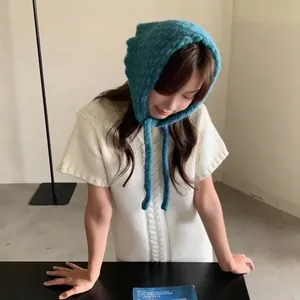 Pañuelo Triangular de Punto a Rayas Estilo Coreano para Mujer Cálido Casual Bandana Pañuelo para la Cabeza con Tiras Otoño Invierno