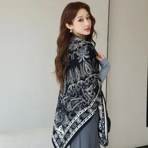 Elegant paisley pattern wool silk blend oversized square shawl for women black and white