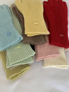Close-up detail of multi-colored ribbed knit fingerless gloves with chic oval metal tags.