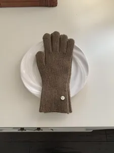 Soft minimalist brown knitted wool winter gloves with simnice brand logo tag for women