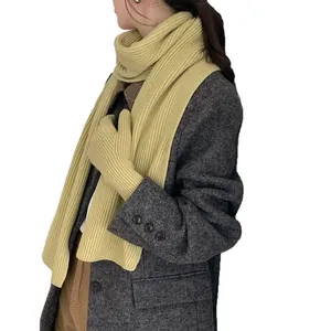 Premium pale yellow ribbed knit scarf and matching glove set for cozy winter fashion