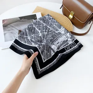Elegant black and white map print square scarf for women, soft cotton linen fashion accessory