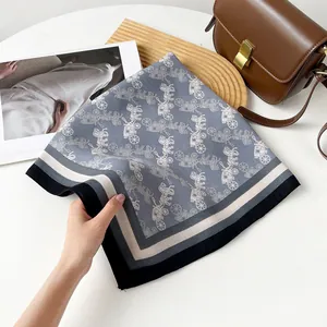 Elegant cotton-linen square scarf with vintage horse carriage print in blue grey