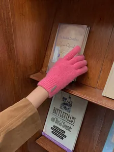 Detailaufnahme eines pinkfarbenen Wollmisch-Strickhandschuhs mit Metallschild