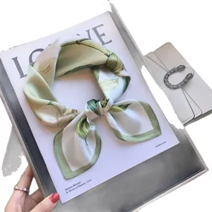 Elegant sage green floral pattern silk-like square neck scarf for women 70x70cm size