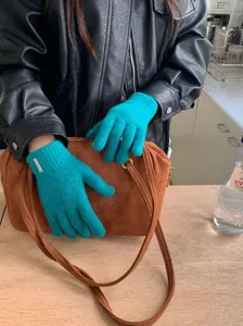 Nahaufnahme von türkisfarbenen Strickhandschuhen aus Wolle mit Metallschild-Detail