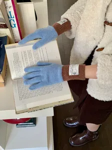 Détail des gants en laine tricotés bleu et marron de style vintage tenant un livre ouvert