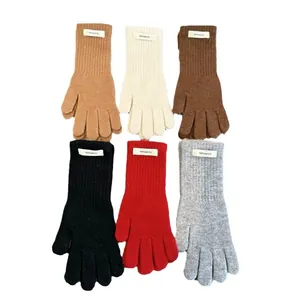 Premium set of six 100% merino wool knitted gloves in various solid colors for winter women