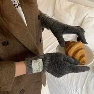 Gants en Tricot Mélange de Laine Rétro pour Femmes Hiver Chauds Écran Tactile Cinq Doigts Bloc de Couleur pour Cyclisme