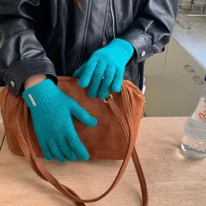Modische petrolfarbene Strickhandschuhe aus Wollmischung mit Metallemblem für Damen