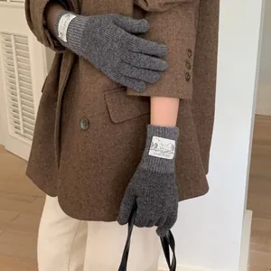 Gants rétro en laine tricotée à cinq doigts pour femmes en gris d'hiver chic