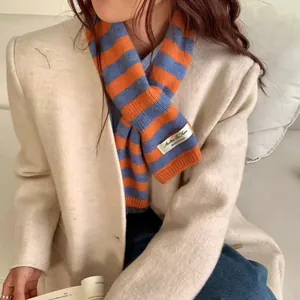 Winter Warm Wool Blend Striped Scarf For Women Cross-over Knitted Neck Warmer Autumn Fashion Colorful Striped Scarf Accessories