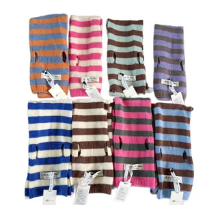 Multi-color wool blend striped knitted scarves with threading hole design for winter