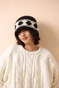 Close-up detail of the premium thick wool knit pattern on a retro argyle bucket hat