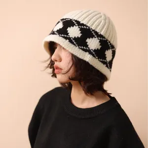 100% Wool Nordic Retro Argyle Knitted Bucket Hat For Women Winter Warm Thick Oversized Woolen Basin Hat Fashion Accessories