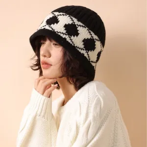 Elegant retro argyle pattern knitted wool bucket hat for women winter warmth black and white