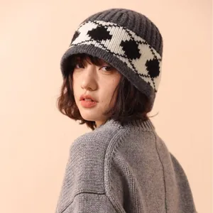 Nordic vintage checkered 100% wool thick warm knitted beanie hat for women autumn winter