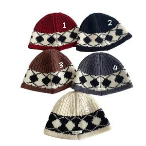 Retro Nordic diamond pattern 100% wool knitted hats for women available in five colors
