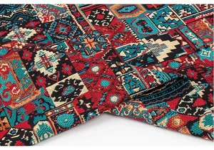 Close-up of thick retro ethnic jacquard fabric with vibrant tribal patterns for DIY