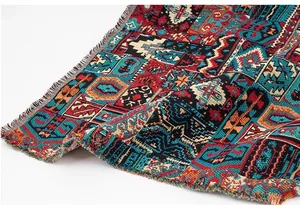 Detailed view of heavy vintage ethnic jacquard fabric with intricate woven patterns