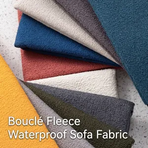 Premium waterproof bouclé upholstery fabric for sofas shown in various colors.