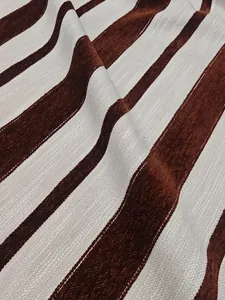 Detailed macro view of brown and beige striped chenille upholstery fabric texture