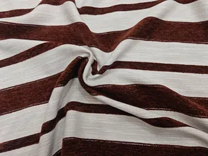 Detailed texture of brown and beige striped chenille upholstery fabric for sofa furniture.